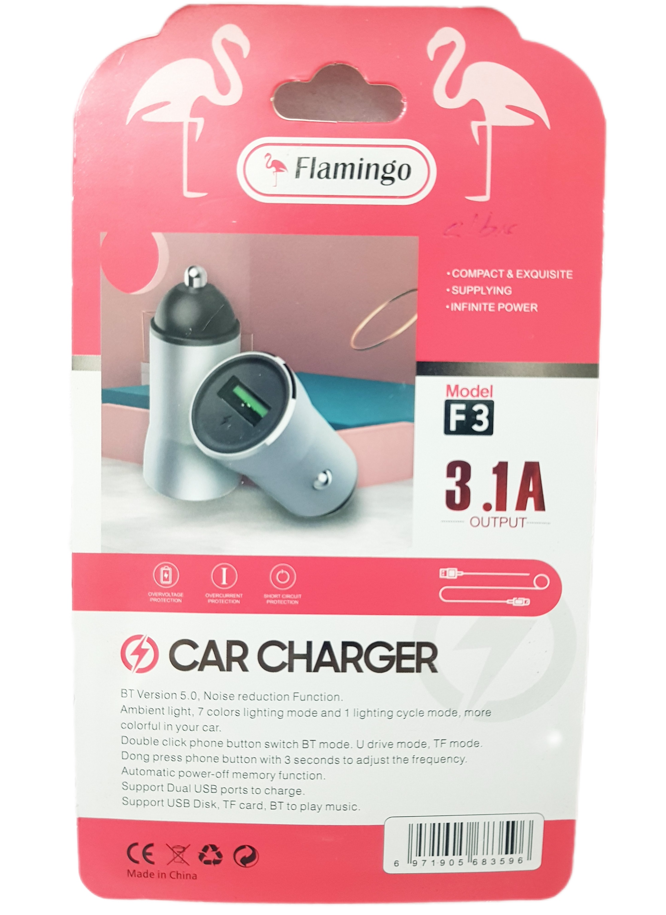 شارژر فندکی فلامینگو 3.1 آمپر همراه با کابل تایپ سی مدل F3