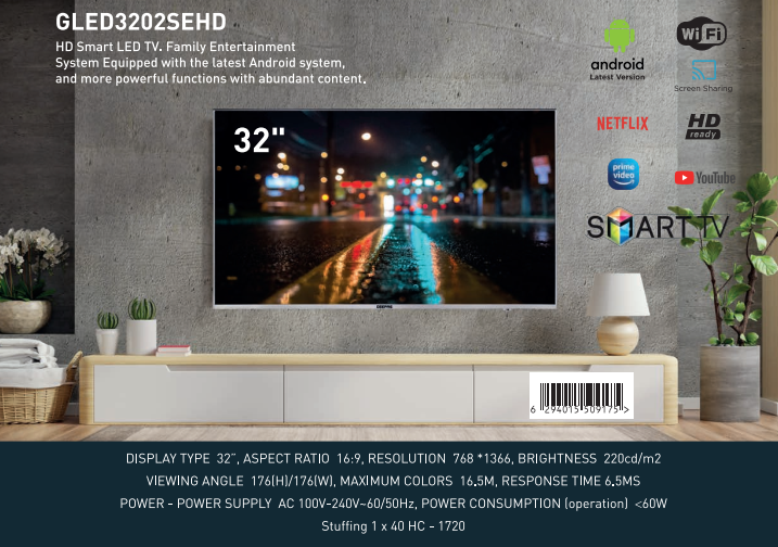 تلویزیون هوشمند جیپاس 32 اینچ مدل GLED3202SEHD/تحویل رایگان