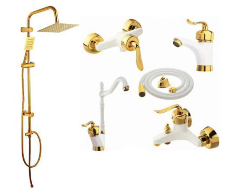ست شیرآلات بامبو قاجاری سفید طلایی به همراه علم دوش دوکاره و شلنگ توالت