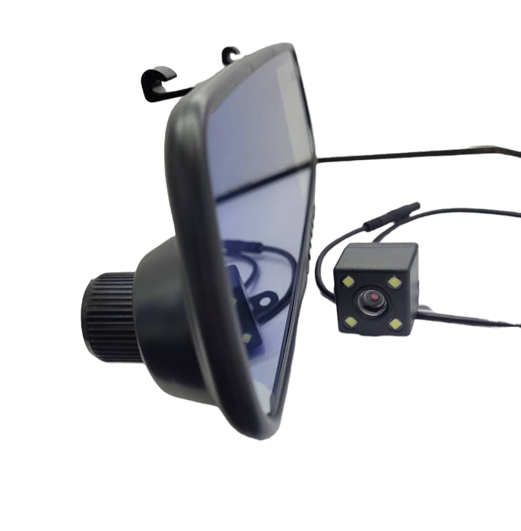 Car mirror with 2 cameras, parking capability and event recording
