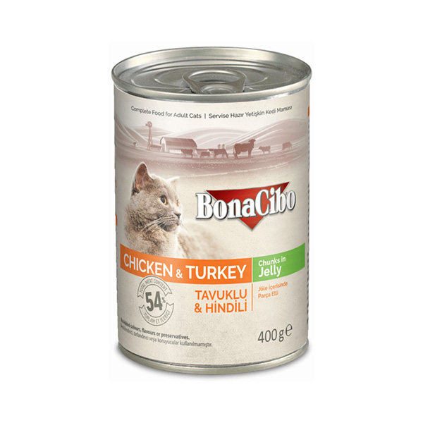 کنسرو غذای گربه بوناسیبو مدل Chicken &amp; Turkey وزن 400 گرم