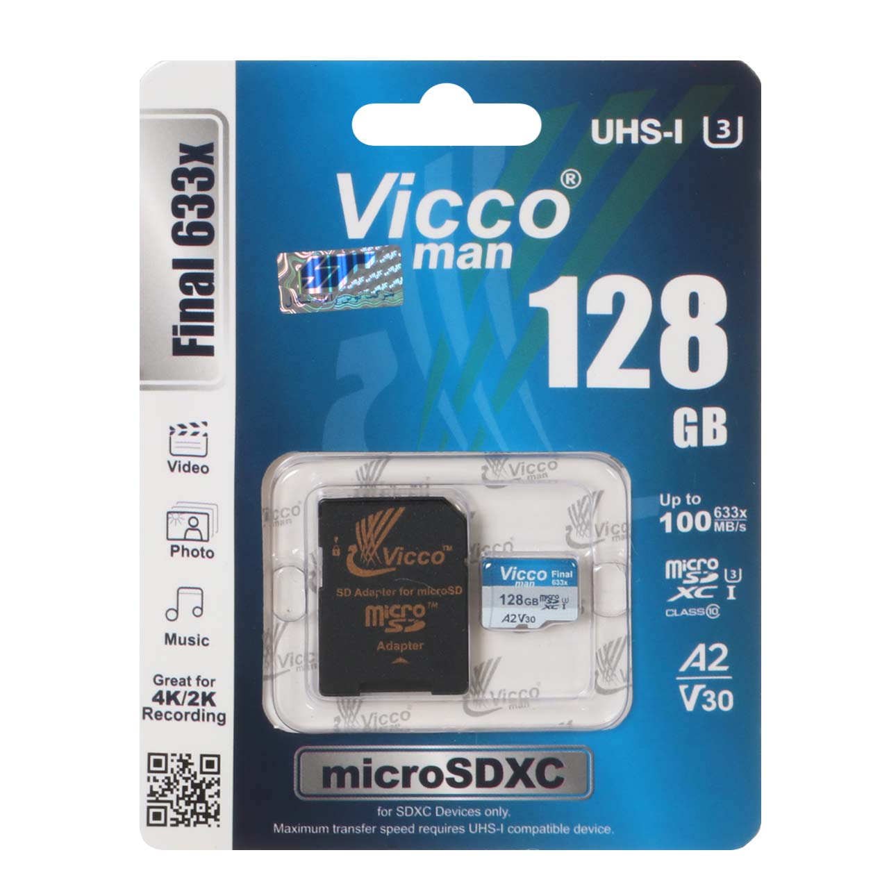 Vicco man Final 633X microSDXC & adapter UHS-I U3 Class 10-100MB/s -128GB (گارانتی مادام‌العمر رایانه نوین سگال