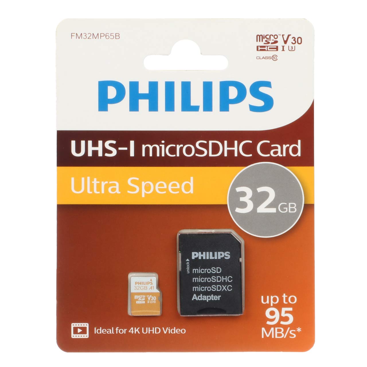 PHILIPS microSDHC & adapter UHS-I Ultra Speed U3 Class 10 V30 A1 - 95MB/s - 32GB (گارانتی مادام‌العمر استار مموری