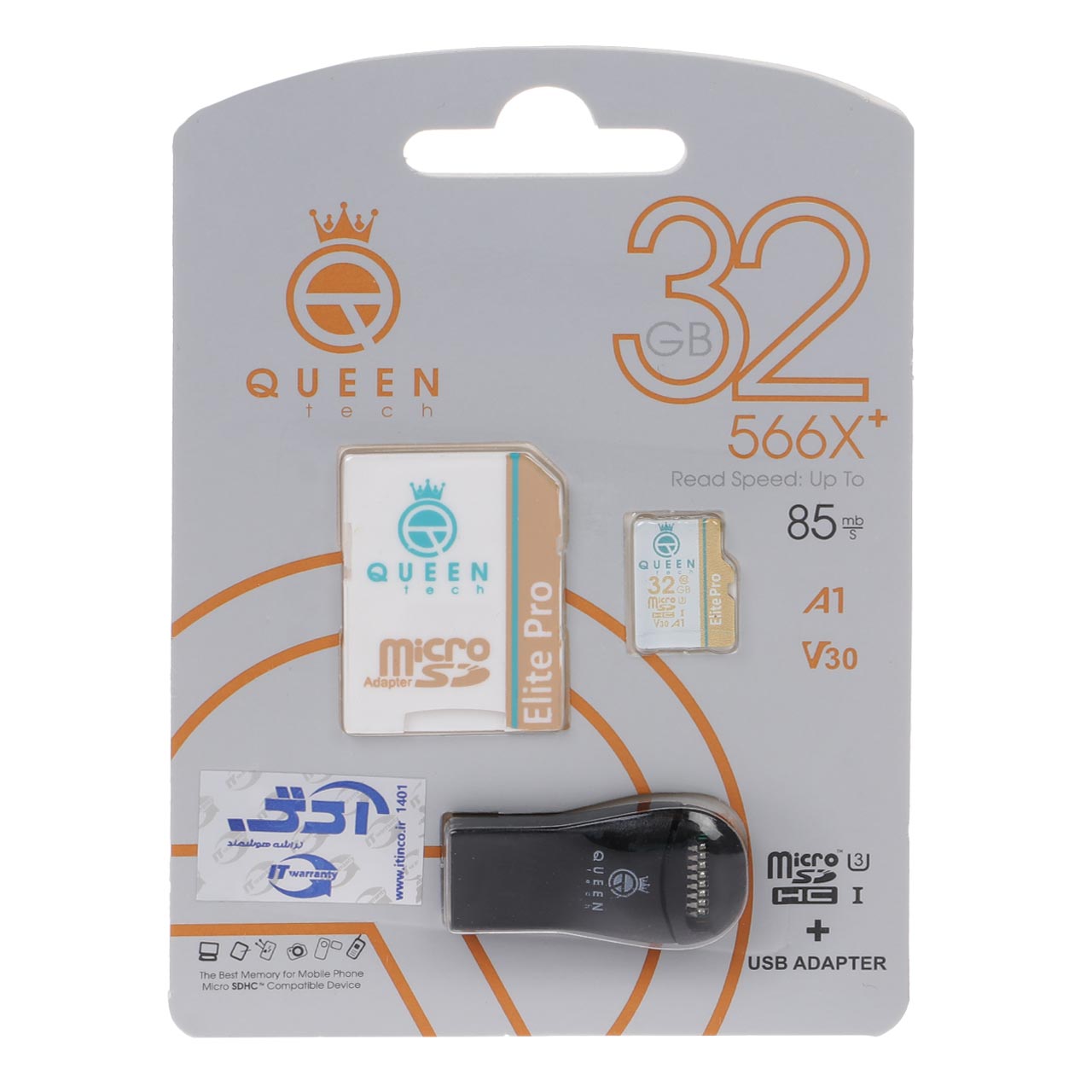 Queen tech microSDHC & adapter & رم ریدر U3 Class 10 566X plus -85MB/s - 32GB - مشکی