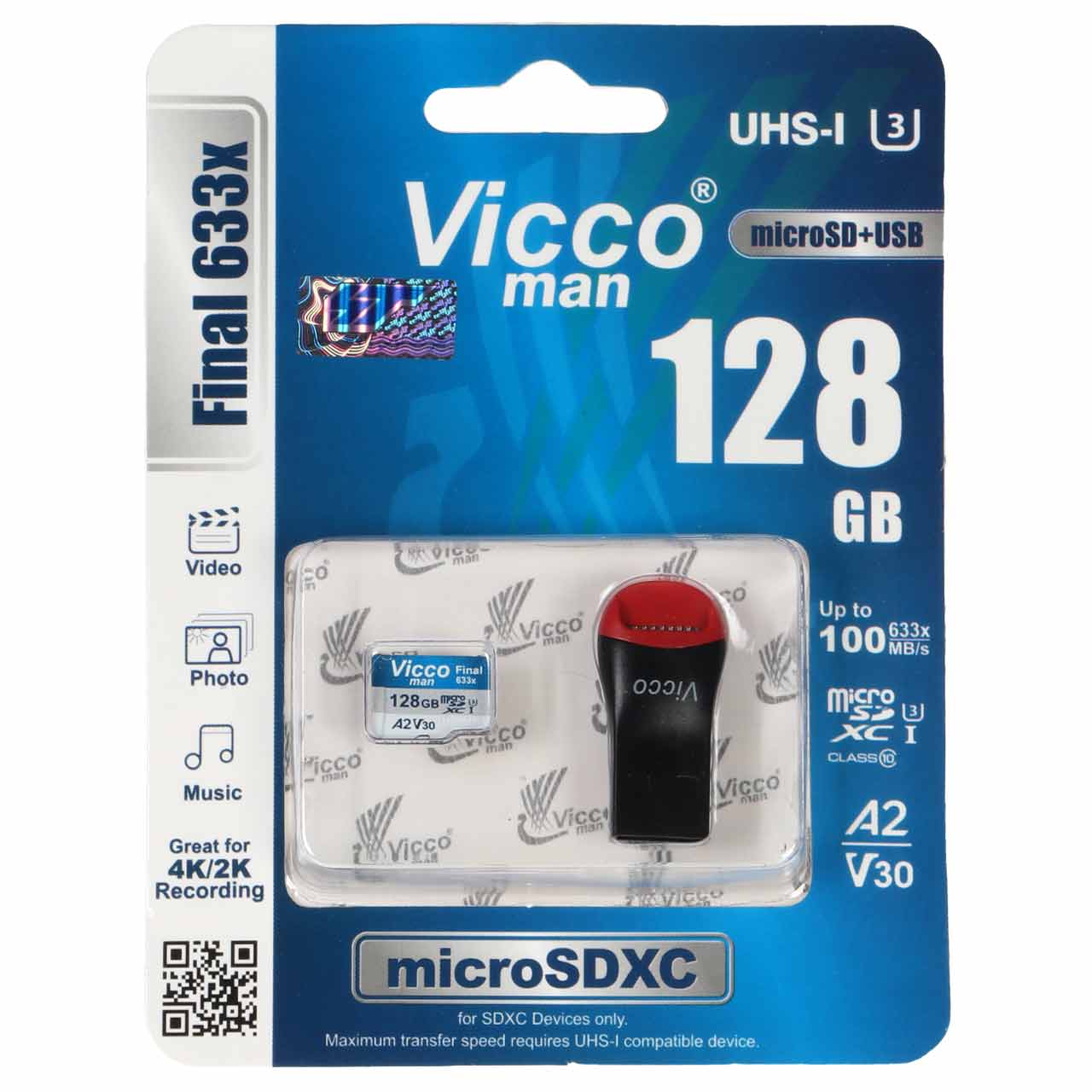 Vicco man MicroSDXC & USB UHS-I U3 Class10 Final 633X- 128GB (گارانتی مادام‌العمر رایانه نوین سگال)