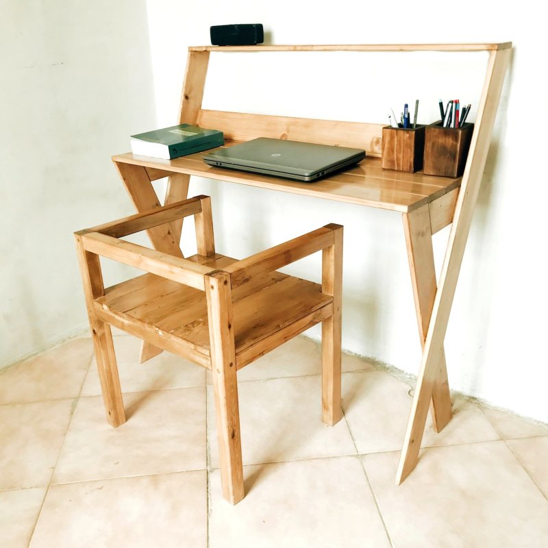 ست میز تحریر و صندلی چوبی روستیک دکور مدل WQ400