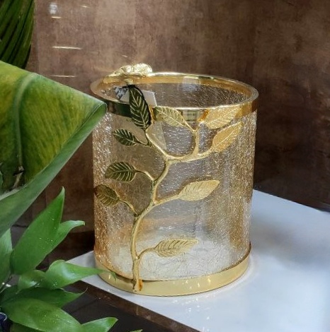 سطل زباله پذیرایی شیشه ترک برنجی طلایی طرح برگ و پروانه